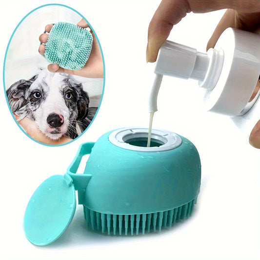 Escova de shampoo para animais de estimação, pente de banho de borracha de massagem de silicone com armazenamento de shampoo para cães e gatos, ferramenta de preparação para animais de estimação