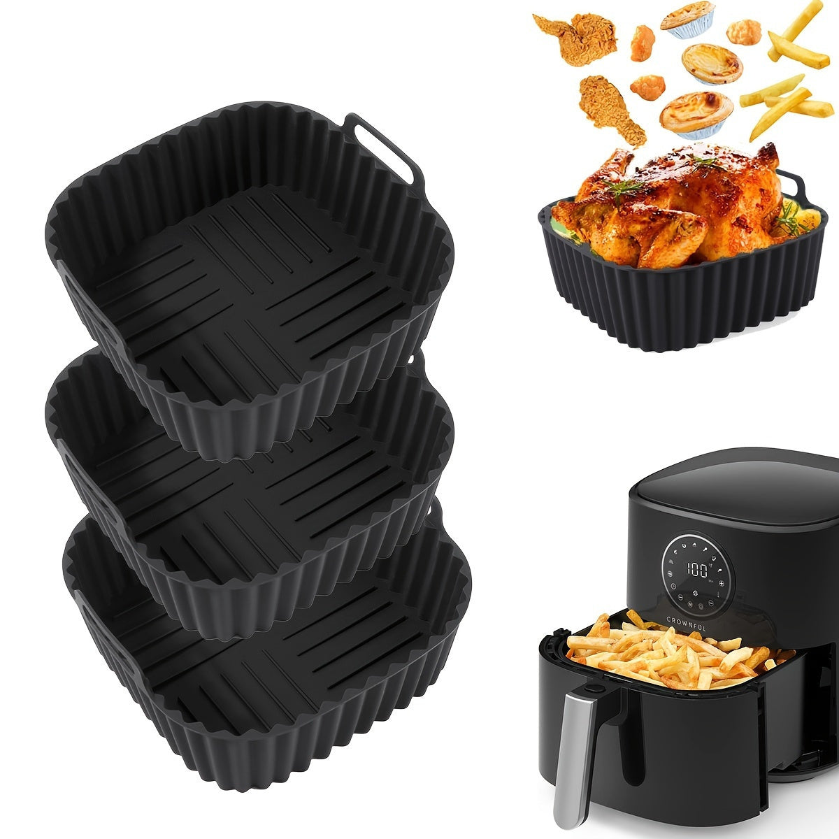 Forro de fritadeira de ar de silicone reutilizável colorido de 1 unidade - quadrado de 20,32 cm, cabe em fritadeiras de ar de 4-7 Qt, seguro para forno e micro-ondas, fácil de limpar e antiaderente - perfeito para cozinhar