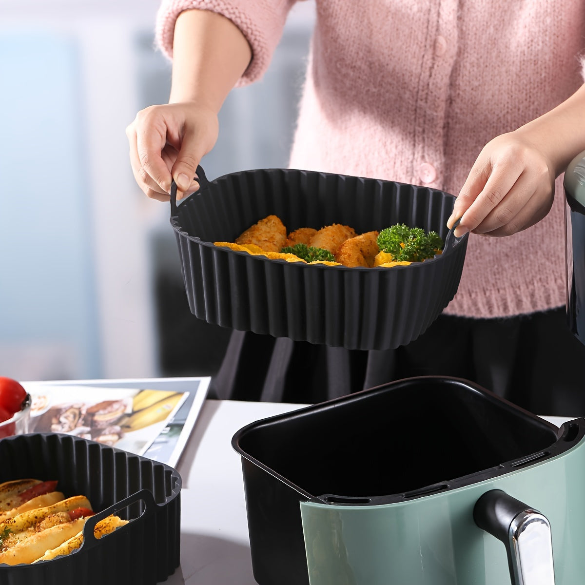 Forro de fritadeira de ar de silicone reutilizável colorido de 1 unidade - quadrado de 20,32 cm, cabe em fritadeiras de ar de 4-7 Qt, seguro para forno e micro-ondas, fácil de limpar e antiaderente - perfeito para cozinhar