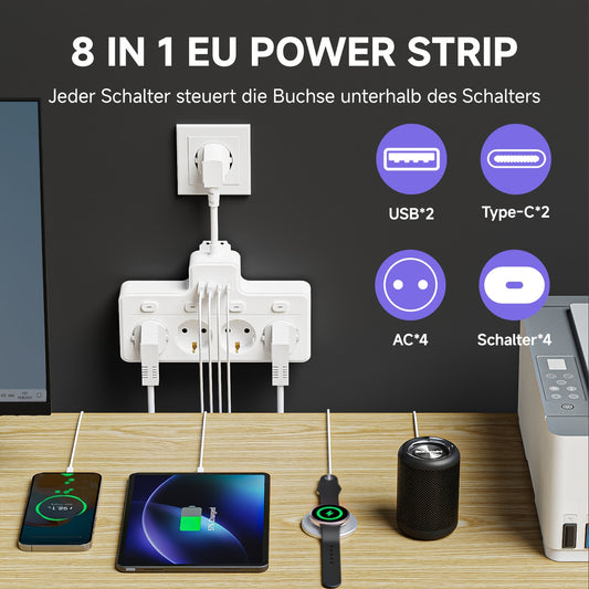 1pc Placa de alimentação UE 8 em 1, plugue de alimentação multi-switch, 4 tomadas CA, 2 USB 2 tipo C, estação de carregamento de parede, adequada para casa, escritório, viagens, computador, branco e preto