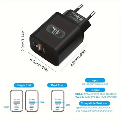 Carregador de parede USB-C de porta dupla GEUMXL 40W com PD 3.0 e QC 4.0, adaptador de alimentação de carregamento rápido, compatibilidade universal para iPhone 11/12/13/14/15/Pro Max, iPad Pro, AirPods, Samsung, Xiaomi, O