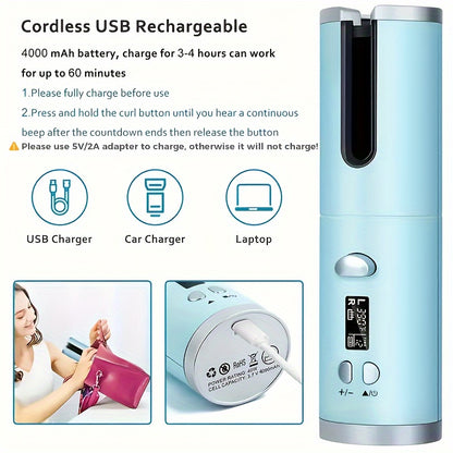 Encrespador automático com 5 configurações de calor para mechas deliciosas - Cerâmica, anti-escaldadura, sem emaranhados, bateria de lítio recarregável USB de carga rápida - perfeito para modelar, ocasiões especiais e