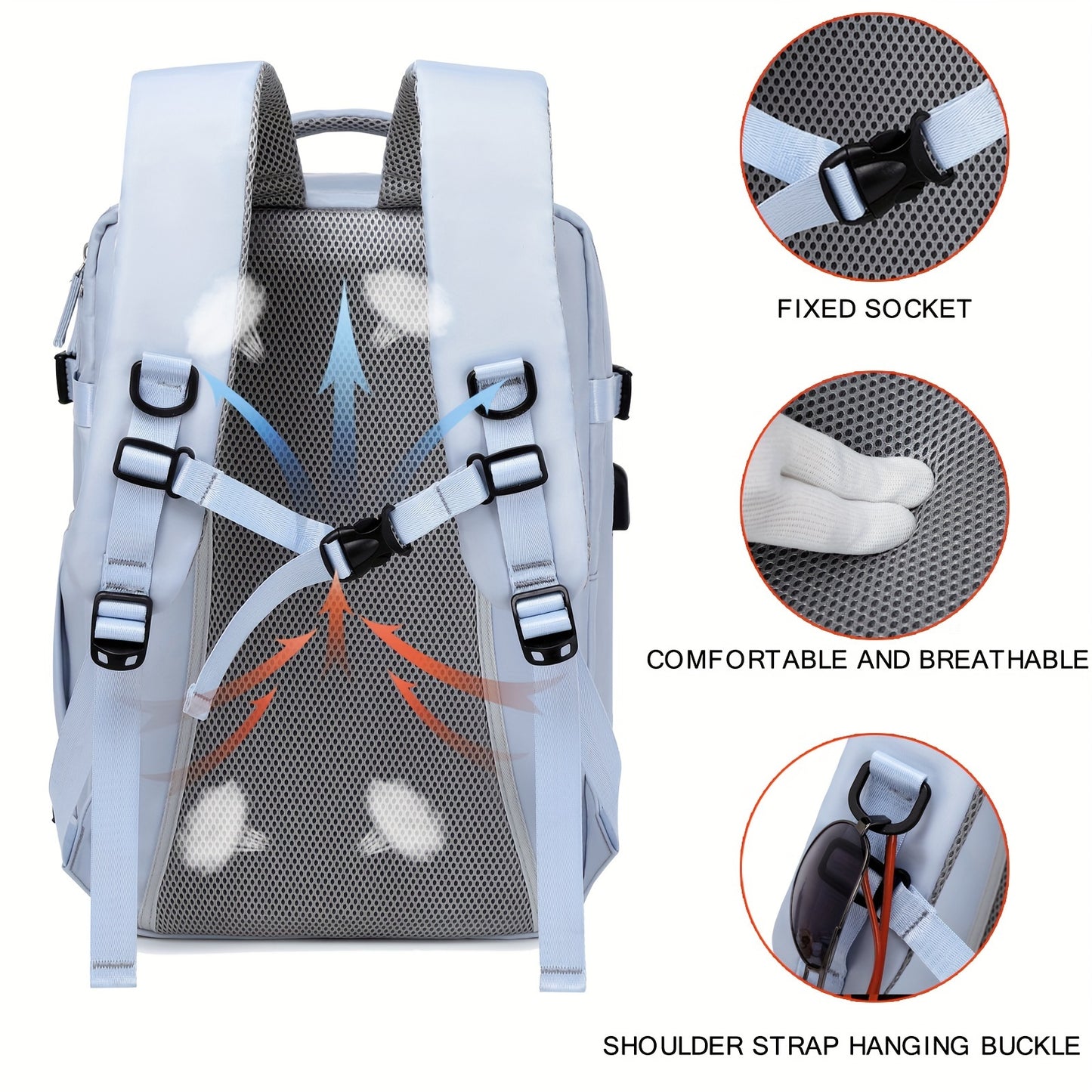 Mochila de viagem para laptop de 38,1 cm aprovada pela companhia aérea para mulheres, poliéster azul claro com alças ajustáveis, compartimento para sapatos e porta de carregamento USB - ideal para viagens escolares e de t