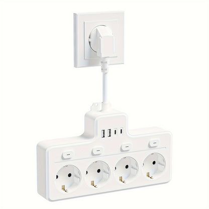 1pc Placa de alimentação UE 8 em 1, plugue de alimentação multi-switch, 4 tomadas CA, 2 USB 2 tipo C, estação de carregamento de parede, adequada para casa, escritório, viagens, computador, branco e preto