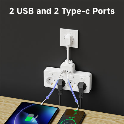 1pc Placa de alimentação UE 8 em 1, plugue de alimentação multi-switch, 4 tomadas CA, 2 USB 2 tipo C, estação de carregamento de parede, adequada para casa, escritório, viagens, computador, branco e preto