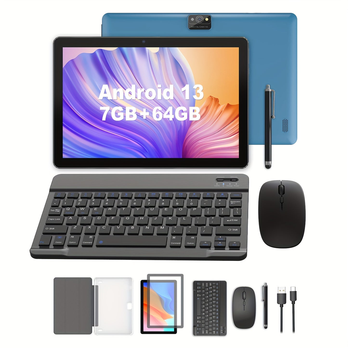 Tablet de 10 polegadas para Android 13 com teclado, mouse e capa - 7 GB para RAM, 64 GB de armazenamento, WiFi de banda dupla 5G, câmeras de 2 MP + 8 MP, expansível para cartão TF de 1 TB, ROM, frequência dupla