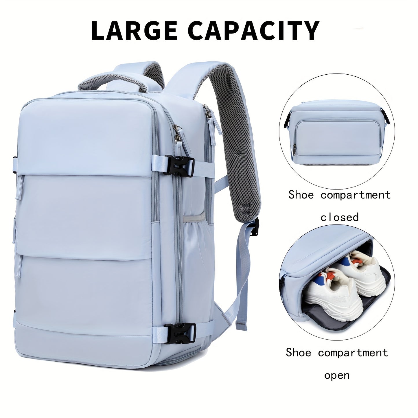 Mochila de viagem para laptop de 38,1 cm aprovada pela companhia aérea para mulheres, poliéster azul claro com alças ajustáveis, compartimento para sapatos e porta de carregamento USB - ideal para viagens escolares e de t