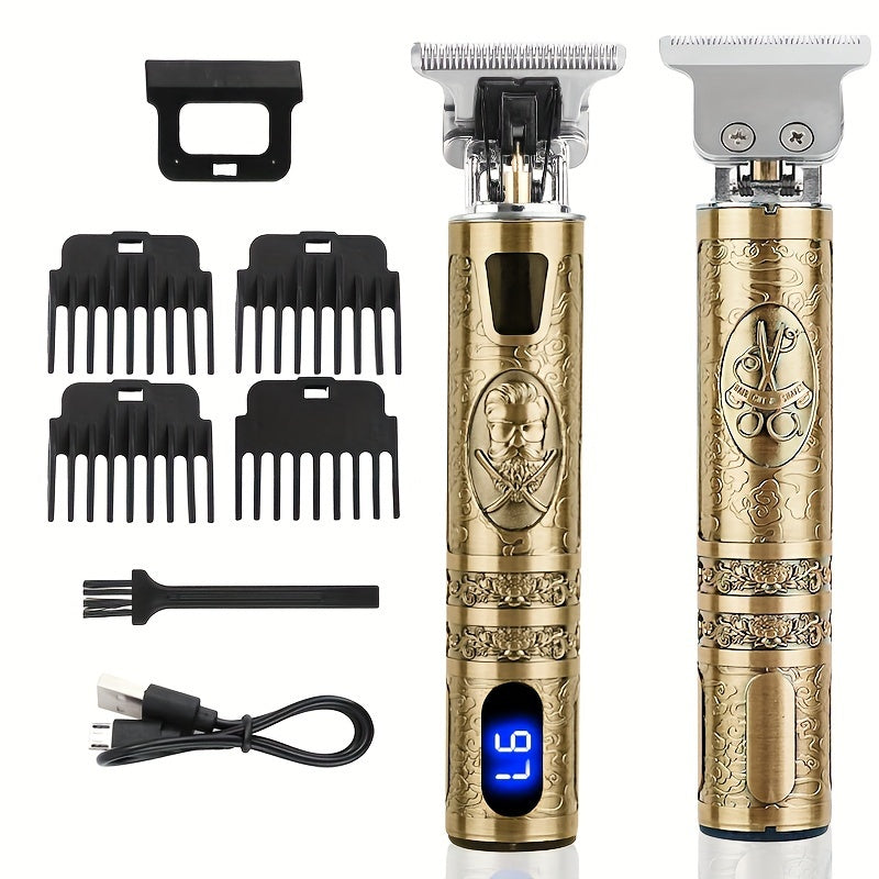 Kit de cortador de cabelo e aparador de barba masculino sem fio YAIAWISU - dourado, recarregável por USB com tela LCD, lâmina em T precisa, inclui pentes guia e acessórios, bateria de 600mAh