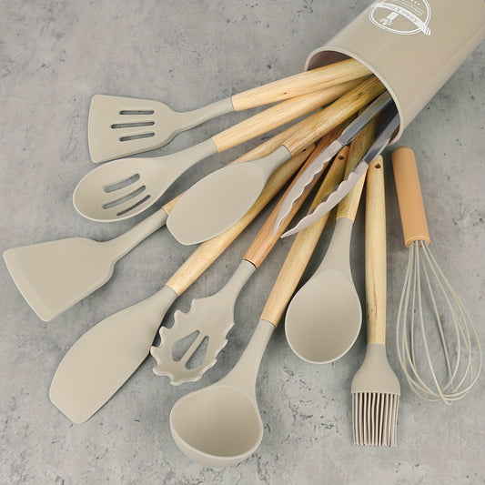 12 unidades/conjunto, conjunto de utensílios de silicone, conjunto de utensílios de cozinha, conjunto de utensílios de cozinha de segurança, conjunto de utensílios de cozinha antiaderente com alça de madeira