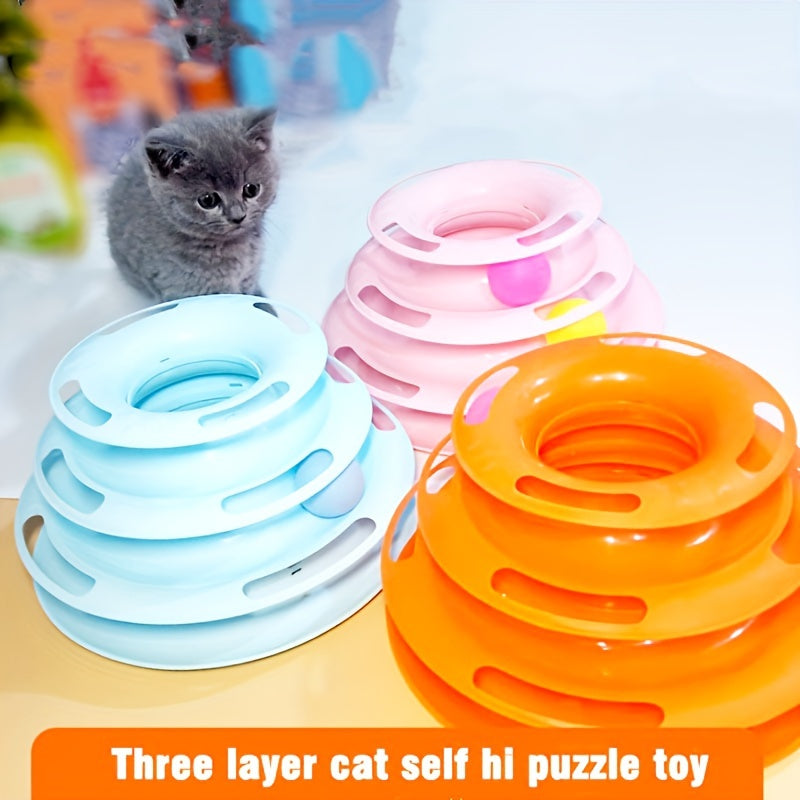 Brinquedo de mesa giratória de três camadas para gatos, brinquedo educativo, torre, prato de brinquedo para gatos internos - Brinquedo de bola de gato interativo para gatos internos com jogo de exercitador de três bolas co