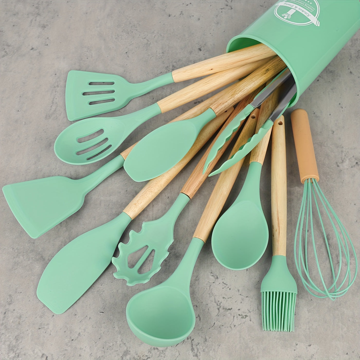 12 unidades/conjunto, conjunto de utensílios de silicone, conjunto de utensílios de cozinha, conjunto de utensílios de cozinha de segurança, conjunto de utensílios de cozinha antiaderente com alça de madeira