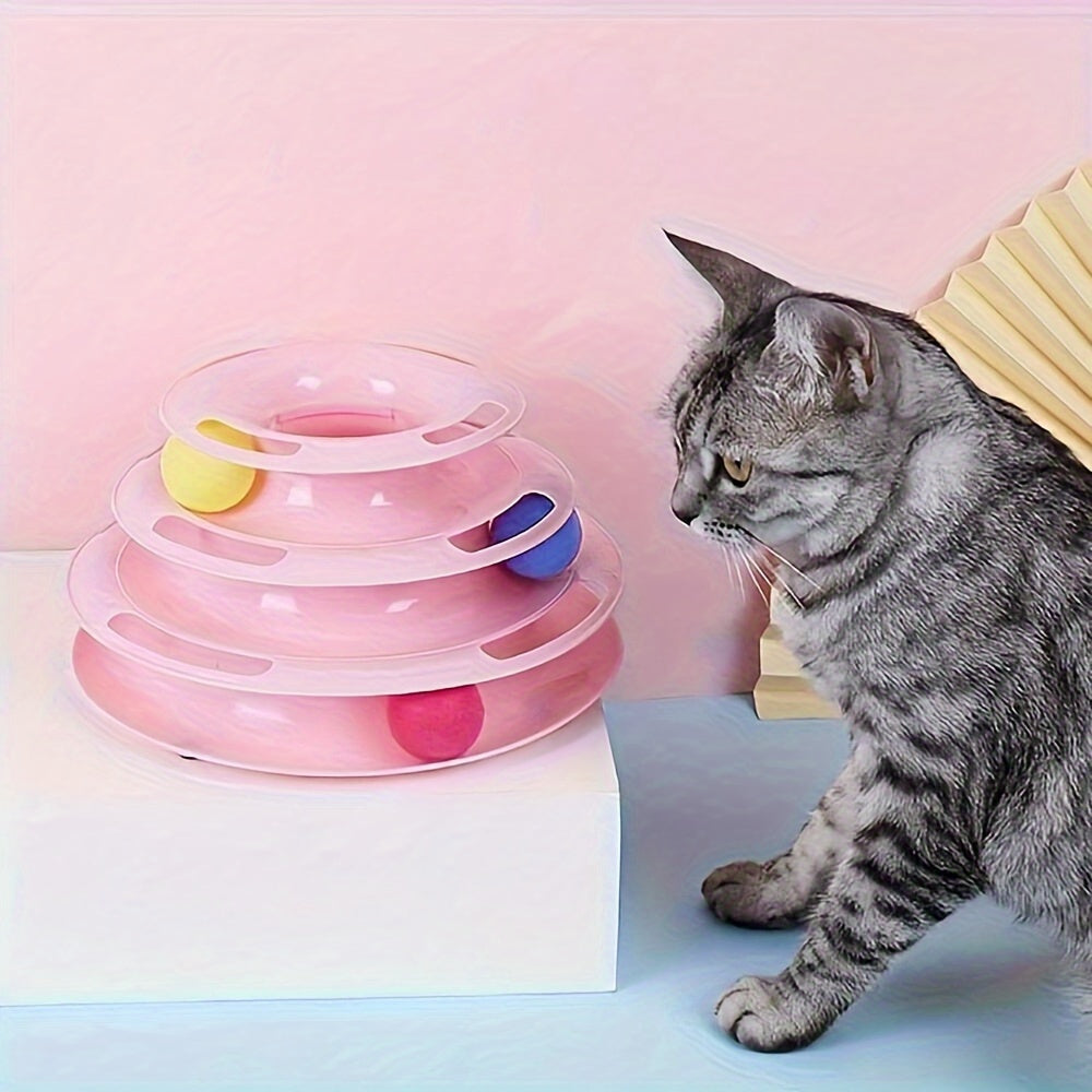 Brinquedo de mesa giratória de três camadas para gatos, brinquedo educativo, torre, prato de brinquedo para gatos internos - Brinquedo de bola de gato interativo para gatos internos com jogo de exercitador de três bolas co