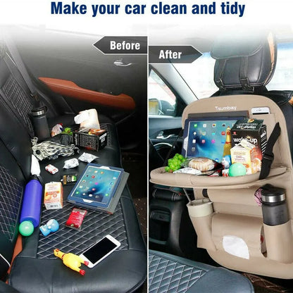 Organizador de encosto de assento de carro com bandeja de mesa dobrável, organizador de armazenamento de couro PU com bolsos, tapetes de proteção, acessórios para interior de assento