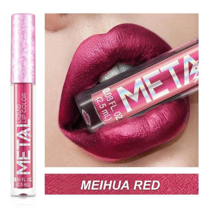 Brilho labial metálico brilhante, à prova de água, sexy, duradouro, brilho fosco, vermelho, roxo, líquido, copo antiaderente, maquiagem labial