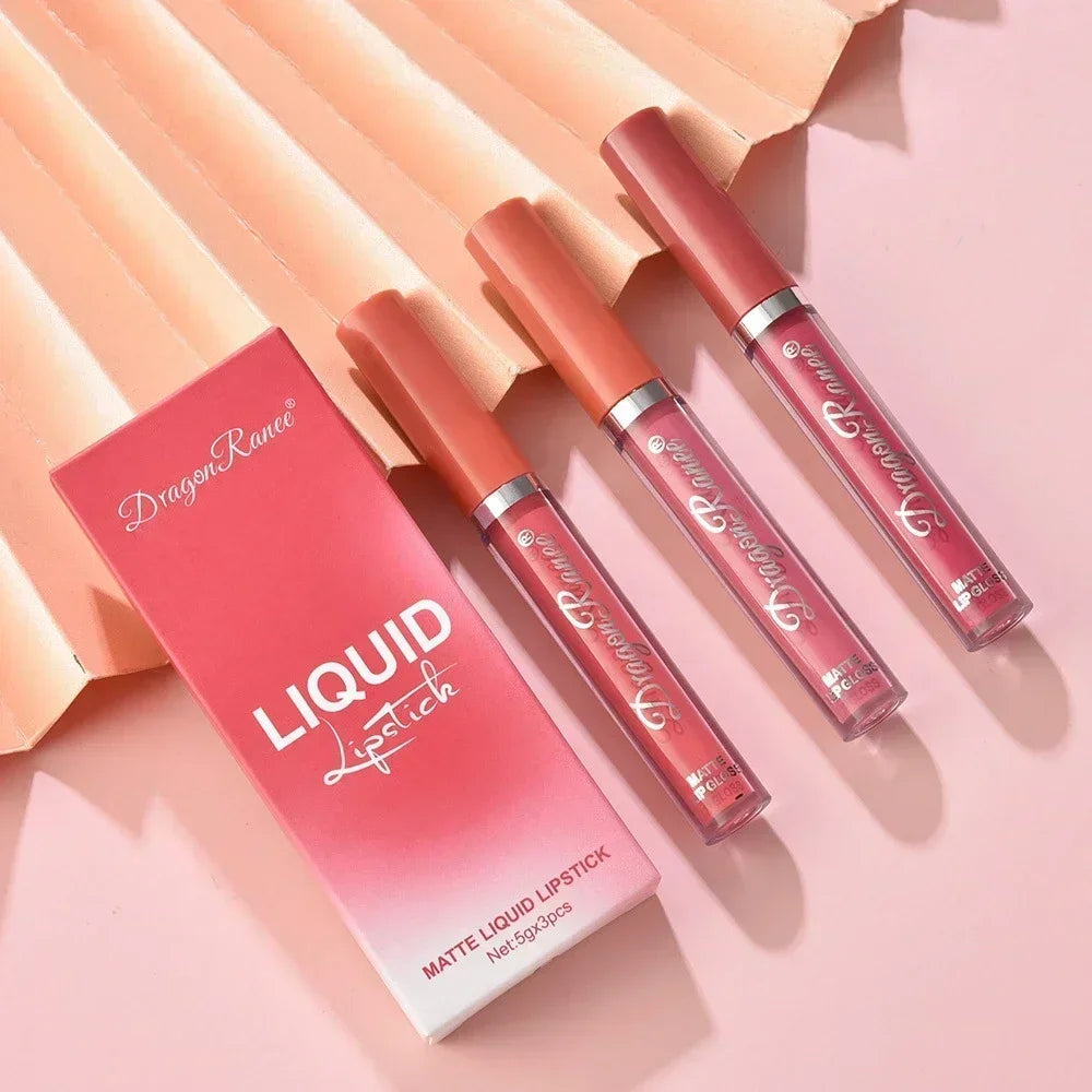 3Pcs/set Matte Velvet Lip Gloss Batom Líquido Cosmético Beleza Manter 24 Horas Maquiagem Maquiagens À Prova de Água Longa Duração