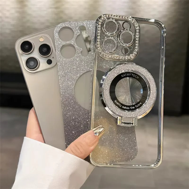 Capa de luxo com glitter e diamante para iPhone 14 Pro Suporte de revestimento Magsafe Capa magnética de silicone macio