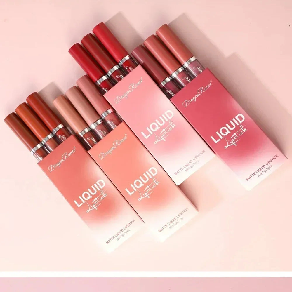 3Pcs/set Matte Velvet Lip Gloss Batom Líquido Cosmético Beleza Manter 24 Horas Maquiagem Maquiagens À Prova de Água Longa Duração