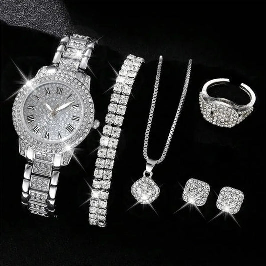 6PCS Relógio Feminino Luxo Elegante Liga Relógio de Pulso de Cristal Para Senhoras Presente Relógio de Quartzo Liga Strass Pulseira Montre