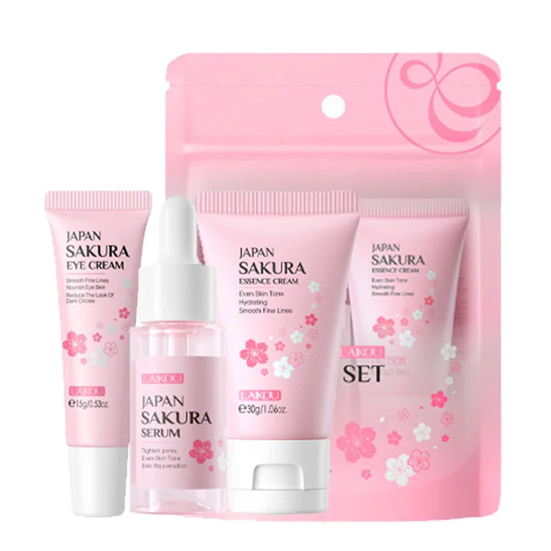 3pcs/set LAIKOU Vitamina C 24K Golden Sakura Skin Care Sets Creme Facial Sérum Creme para os Olhos Hidratante Anti Rugas Kit de Cuidados Faciais