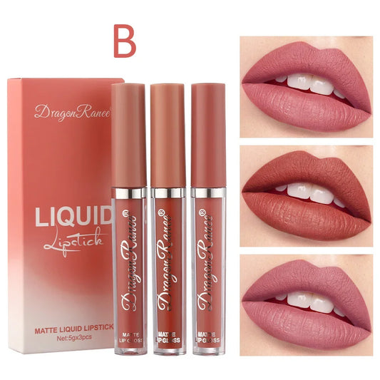 3Pcs/set Matte Velvet Lip Gloss Batom Líquido Cosmético Beleza Manter 24 Horas Maquiagem Maquiagens À Prova de Água Longa Duração