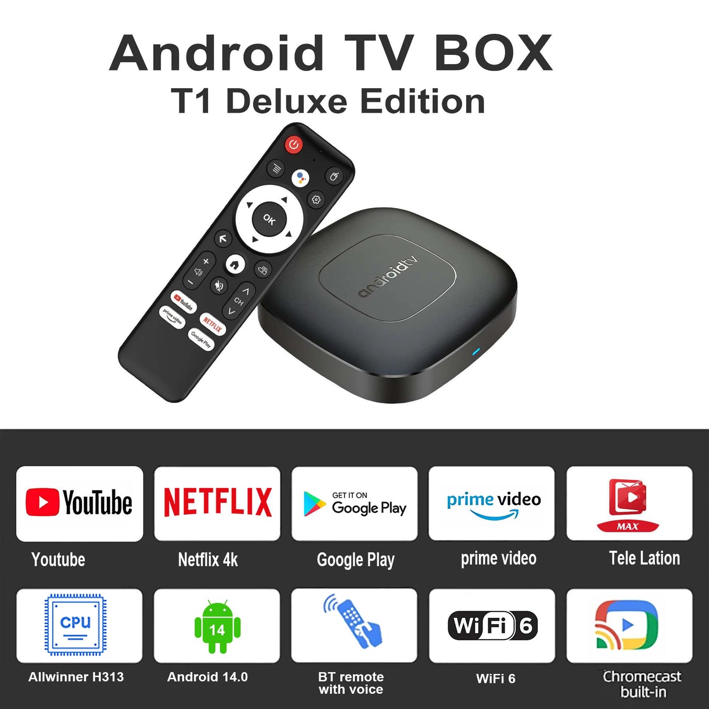 Versão global Smart Streaming Media Player TV Box AllwinnerH313 Android13 2.4G e 5G Wifi 4K Mortal T1 Bluetooth Google Assistant