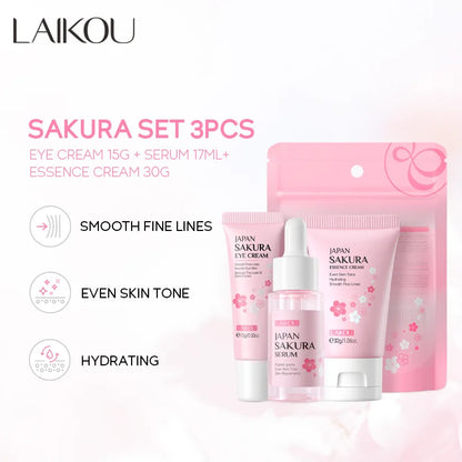 3pcs/set LAIKOU Vitamina C 24K Golden Sakura Skin Care Sets Creme Facial Sérum Creme para os Olhos Hidratante Anti Rugas Kit de Cuidados Faciais