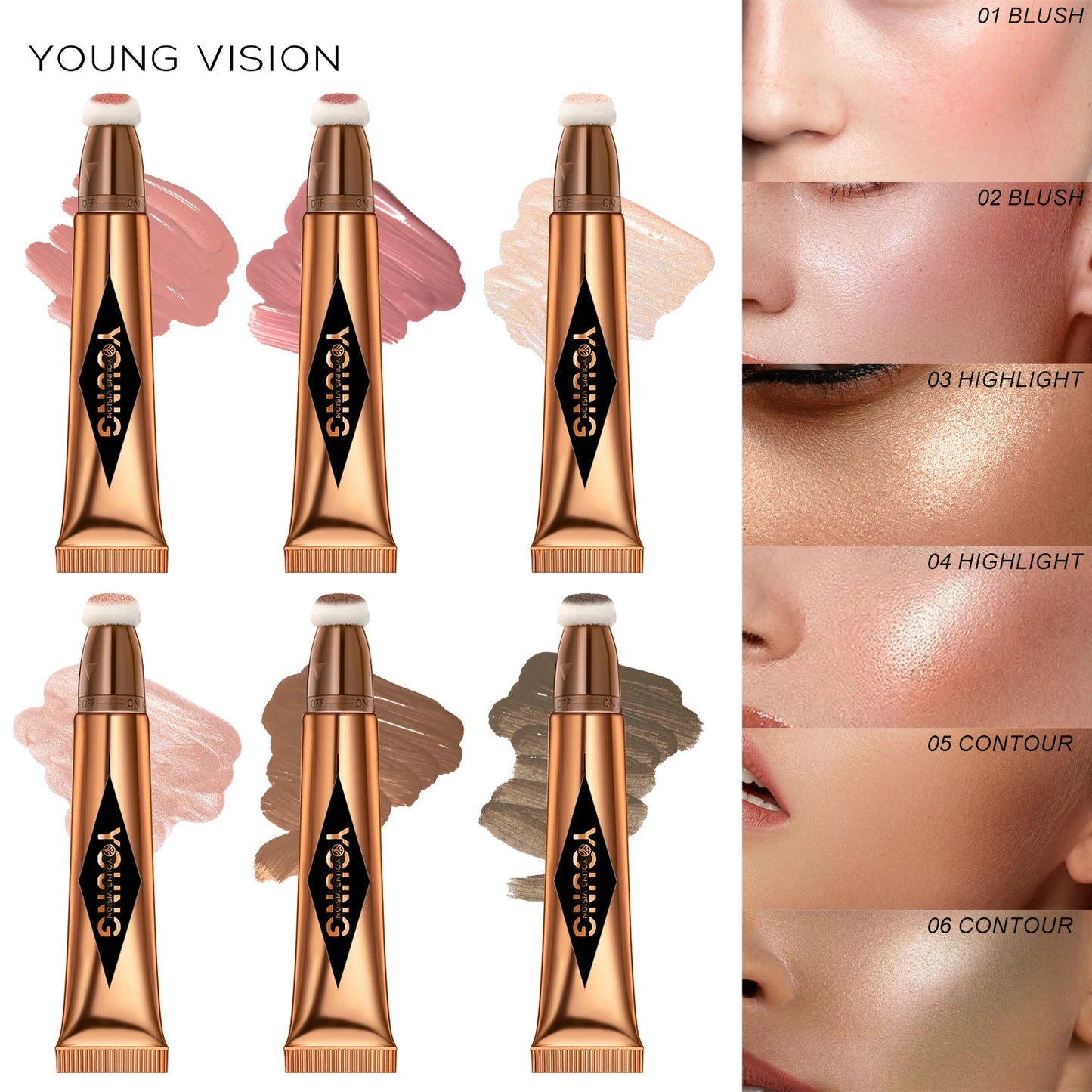 Almofada de ar YOUNG VISION, blush em pó, bastão de alto brilho, líquido de maquiagem, rouge, 6 cores opcionais