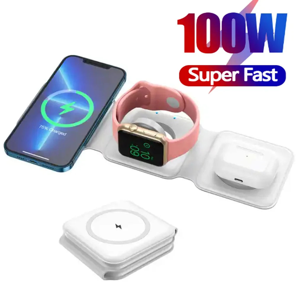 100W 3 em 1 Carregador rápido sem fio Pad Stand dobrável Estação de carregamento para iPhone 15 14 13 12 11 8 X XR Apple Watch Airpods