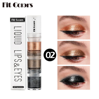 Fit Colors 3 Seções Olho Esfumaçado Água Sombra Diamante Líquido Pérola Shimmer Sombra Líquido Lip Dye