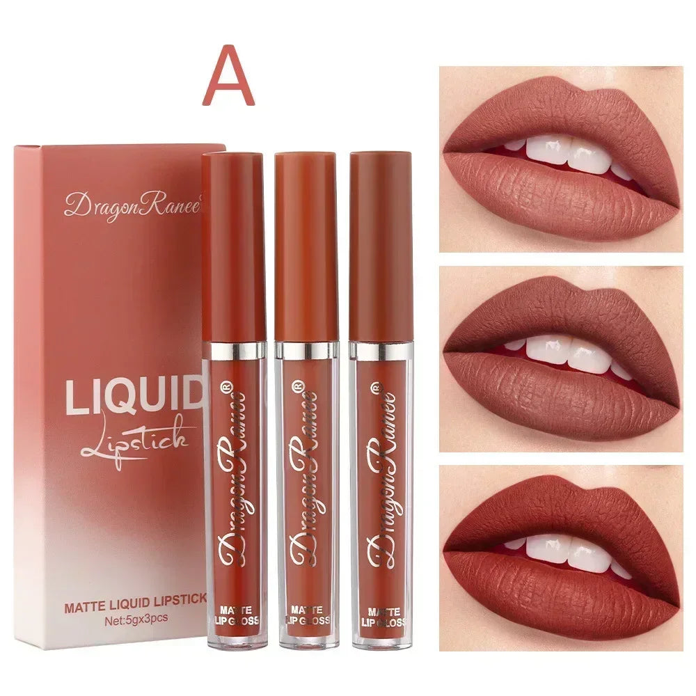 3Pcs/set Matte Velvet Lip Gloss Batom Líquido Cosmético Beleza Manter 24 Horas Maquiagem Maquiagens À Prova de Água Longa Duração