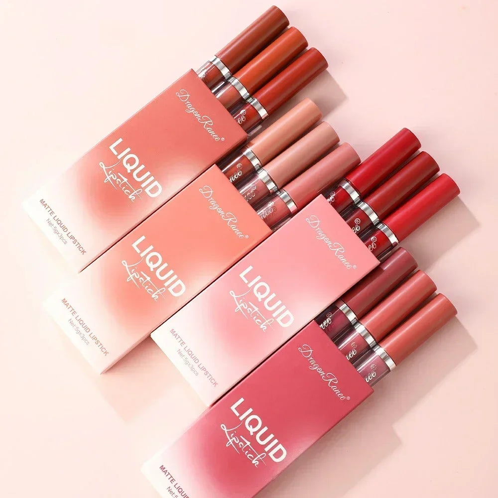 3Pcs/set Matte Velvet Lip Gloss Batom Líquido Cosmético Beleza Manter 24 Horas Maquiagem Maquiagens À Prova de Água Longa Duração