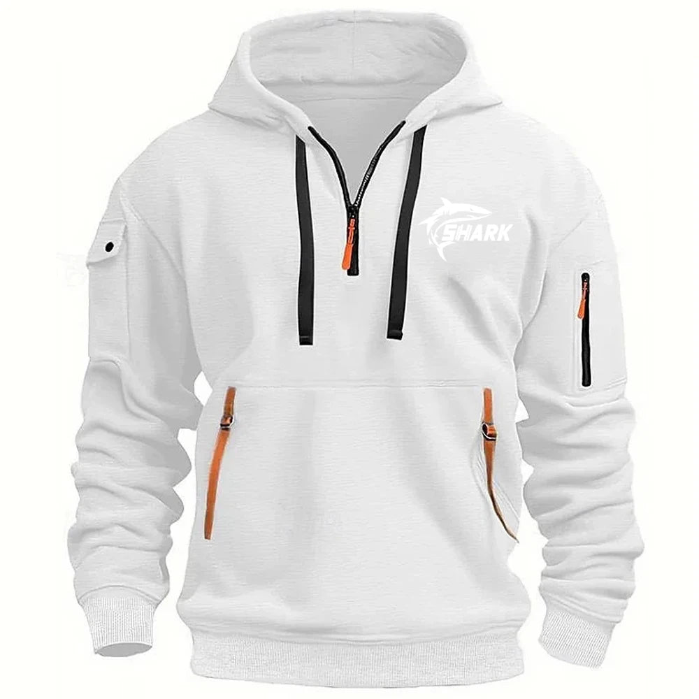 Sweat masculino com capuz, pullover desportivo de lazer, retrô, manga comprida, zíper, vários bolsos, casual, solto, casaco, moda de rua