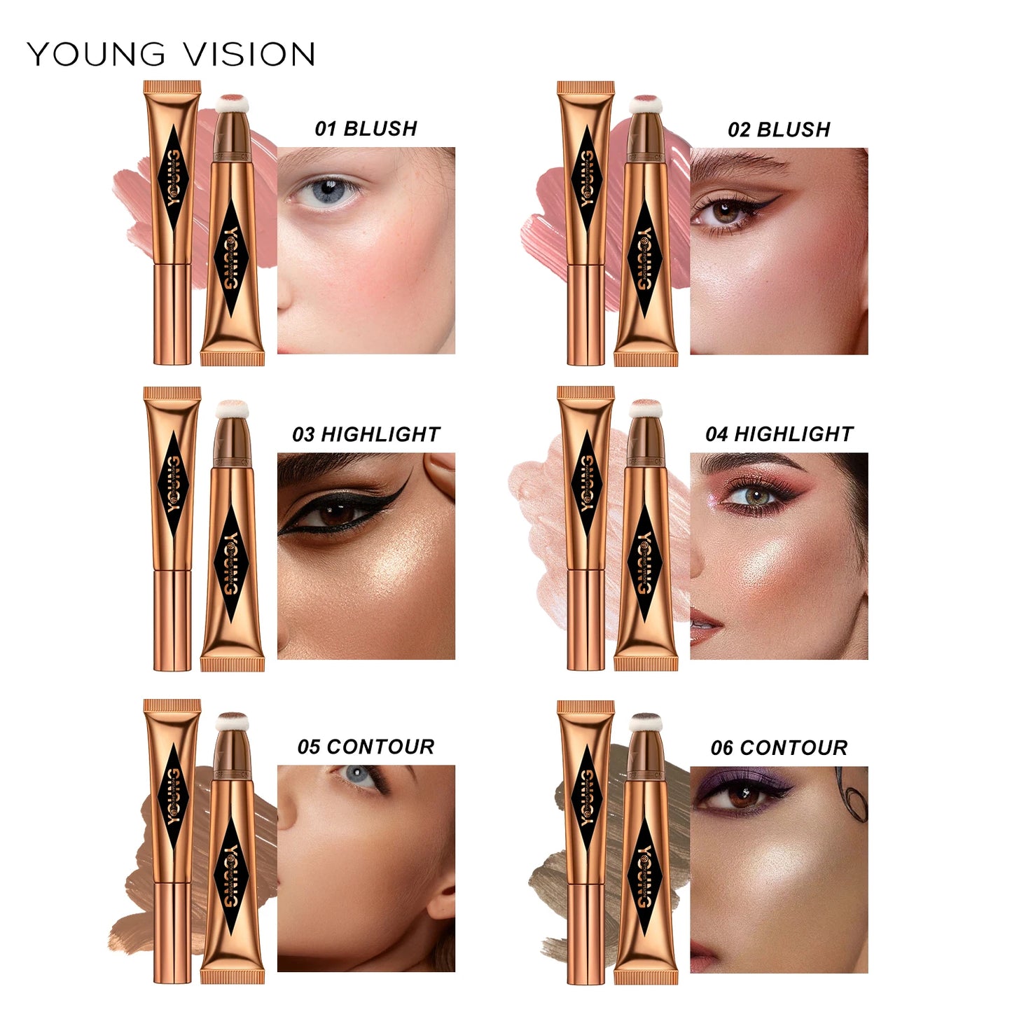 Almofada de ar YOUNG VISION, blush em pó, bastão de alto brilho, líquido de maquiagem, rouge, 6 cores opcionais