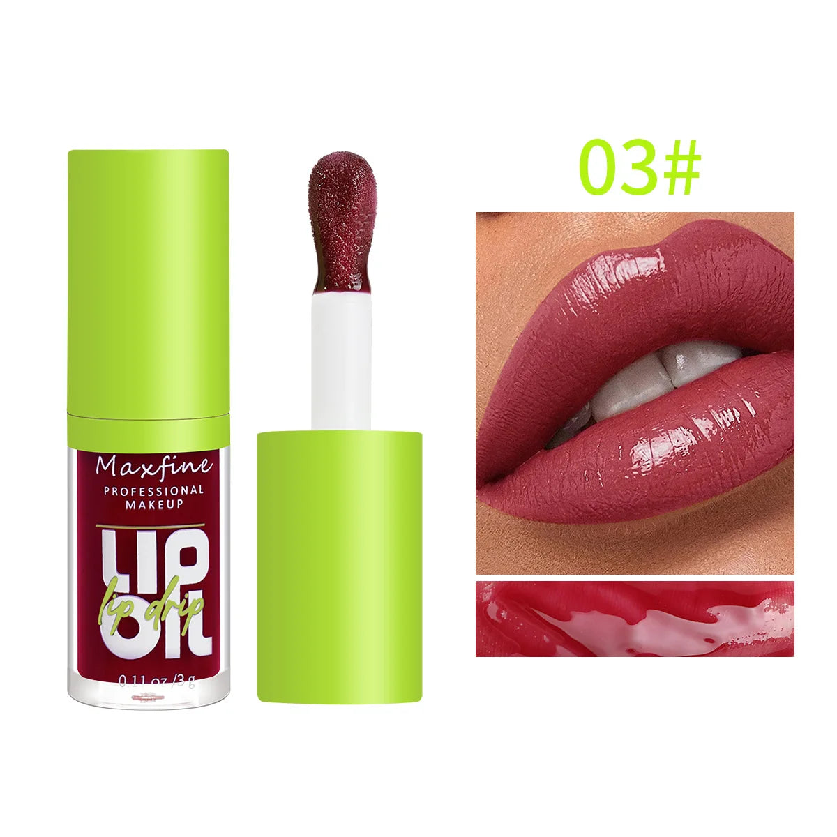 Brilho labial à prova de água, hidratante de longo prazo, copo antiaderente, embalagem verde líquida, cosméticos de brilho labial