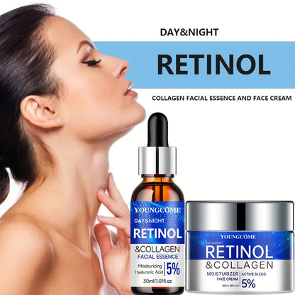 Conjunto combinado de soro e creme de retinol que retém a umidade, repara a pele, suaviza as rugas e aumenta a elasticidade para uma pele mais jovem e saudável