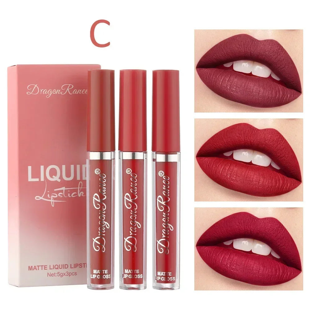 3Pcs/set Matte Velvet Lip Gloss Batom Líquido Cosmético Beleza Manter 24 Horas Maquiagem Maquiagens À Prova de Água Longa Duração