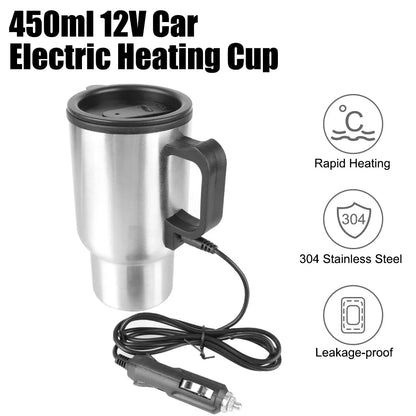 12V 450ml Chaleira de aquecimento elétrico para carro, água, café, leite, caneca térmica, acampamento, viagem, aço inoxidável, veículo, copo de aquecimento