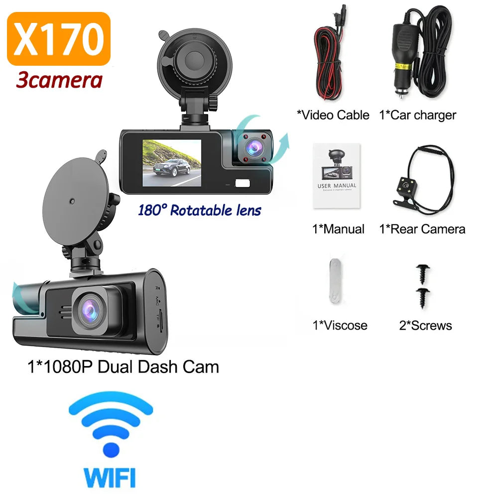 3Camera Dash Cam para câmera de carro 1080P gravador de vídeo WIFI carro DVR câmera de visão traseira frontal visão noturna caixa preta acessórios para carro