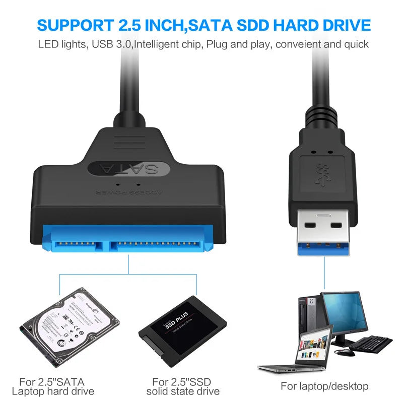 Cabo SATA para USB 3.0 / 2.0 de até 6 Gbps para HDD externo de 2,5 polegadas SSD Disco rígido SATA 3 Adaptador de 22 pinos Cabo USB 3.0 para Sata III