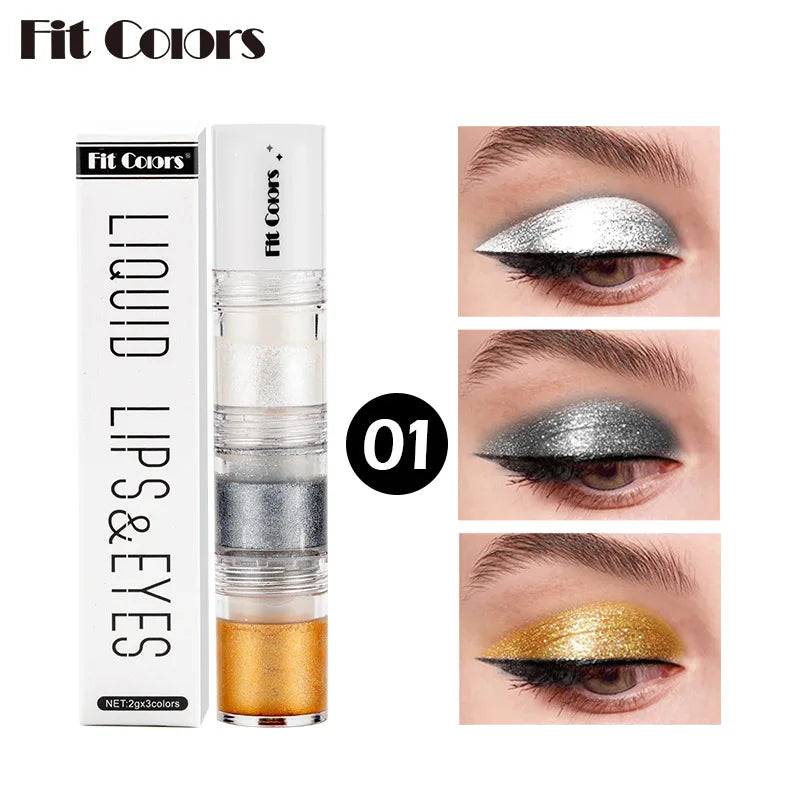 Fit Colors 3 Seções Olho Esfumaçado Água Sombra Diamante Líquido Pérola Shimmer Sombra Líquido Lip Dye