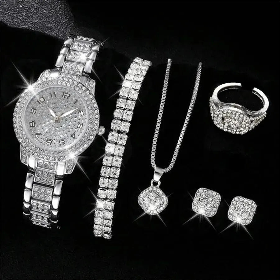 6PCS Relógio Feminino Luxo Elegante Liga Relógio de Pulso de Cristal Para Senhoras Presente Relógio de Quartzo Liga Strass Pulseira Montre