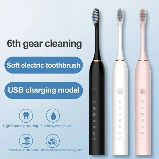 Escova de dentes elétrica ultrassônica com seis modos de velocidade, para casa, cabelo macio, carregamento USB, à prova d'água, limpador de dentes adulto, conjunto automático para casais