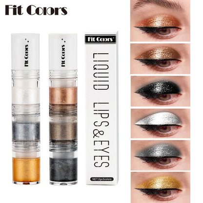 Fit Colors 3 Seções Olho Esfumaçado Água Sombra Diamante Líquido Pérola Shimmer Sombra Líquido Lip Dye