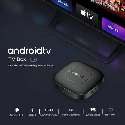 Versão global Smart Streaming Media Player TV Box AllwinnerH313 Android13 2.4G e 5G Wifi 4K Mortal T1 Bluetooth Google Assistant