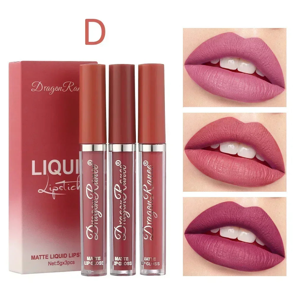 3Pcs/set Matte Velvet Lip Gloss Batom Líquido Cosmético Beleza Manter 24 Horas Maquiagem Maquiagens À Prova de Água Longa Duração