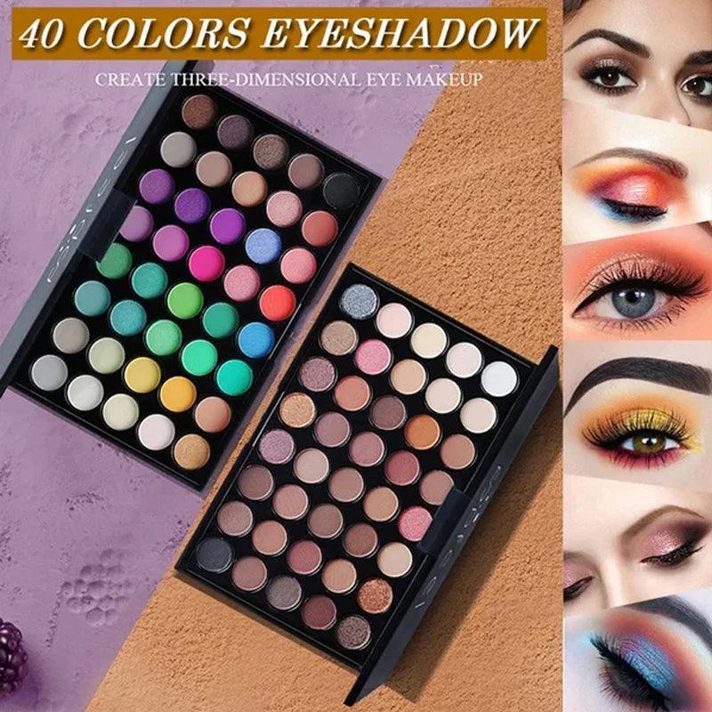 Paleta de sombras com glitter, 40 cores, fosca, à prova de água, longa duração, pó prensado, kit de cosméticos, moda feminina, paleta de maquiagem para os olhos