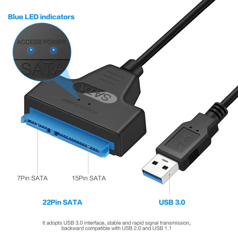 Cabo SATA para USB 3.0 / 2.0 de até 6 Gbps para HDD externo de 2,5 polegadas SSD Disco rígido SATA 3 Adaptador de 22 pinos Cabo USB 3.0 para Sata III