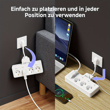 1pc Placa de alimentação UE 8 em 1, plugue de alimentação multi-switch, 4 tomadas CA, 2 USB 2 tipo C, estação de carregamento de parede, adequada para casa, escritório, viagens, computador, branco e preto