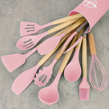 12 unidades/conjunto, conjunto de utensílios de silicone, conjunto de utensílios de cozinha, conjunto de utensílios de cozinha de segurança, conjunto de utensílios de cozinha antiaderente com alça de madeira