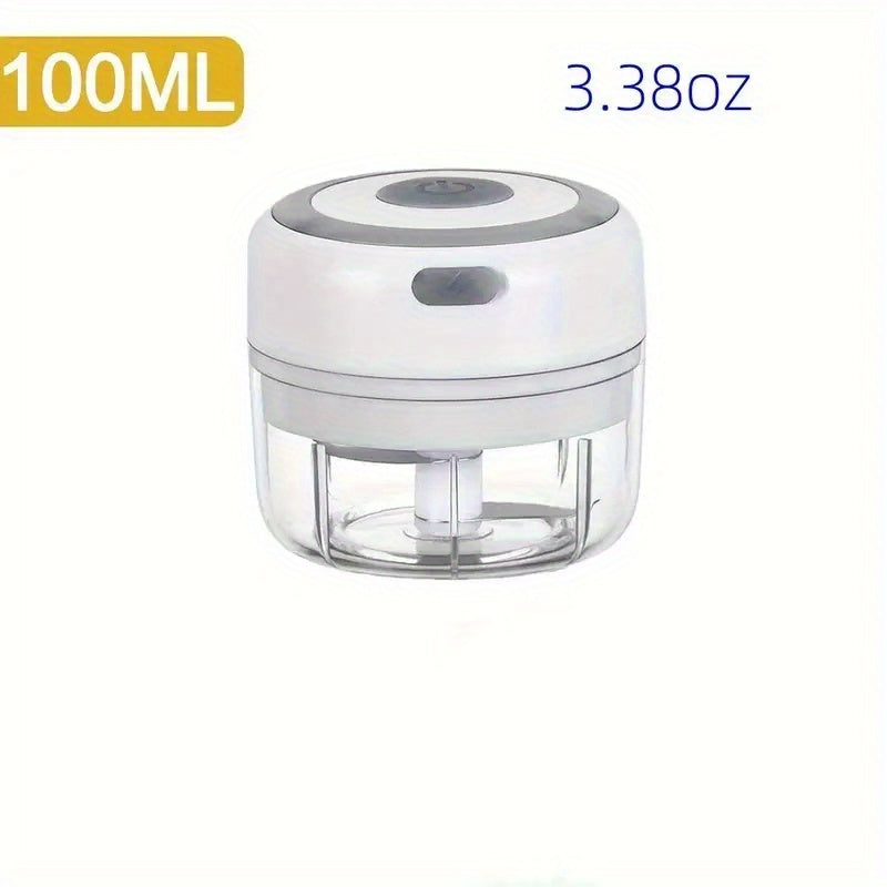 Mini Picador de Alho Elétrico com Capacidade de 100/250Ml, Moedor de Carne USB e Triturador de Alho. É uma ferramenta robusta para esmagar gengibre e vegetais, apresentando um interruptor de segurança e um design espesso.